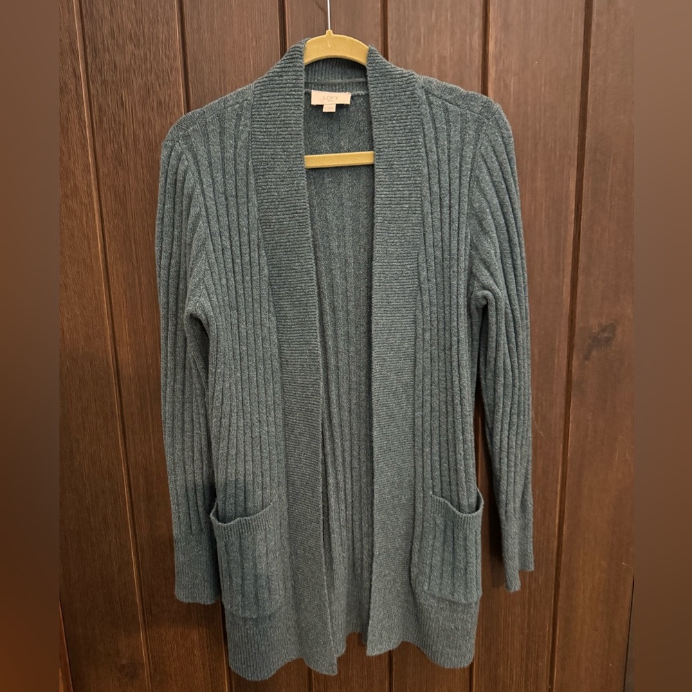 LOFT Ribbed Open-Front Cardigan in Slate Green